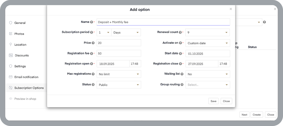 Screenshot of Abler's new Registration Fee feature interface showing the subscription service setup screen with a registration fee field set to £50, alongside subscription options including price, renewal period, and registration dates. The interface displays various settings tabs on the left and payment configuration options on the right, demonstrating how to add upfront payments to subscription services
