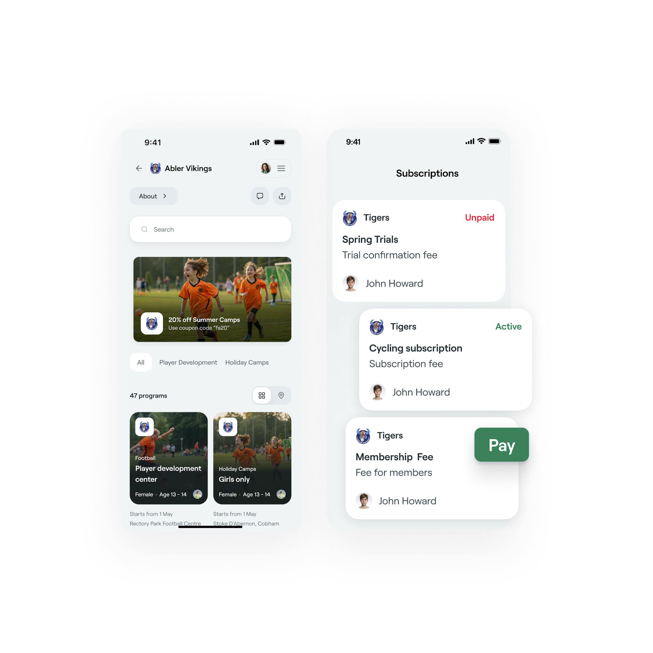 Abler mobile app showing youth sports club programs and subscription management for Tigers team members