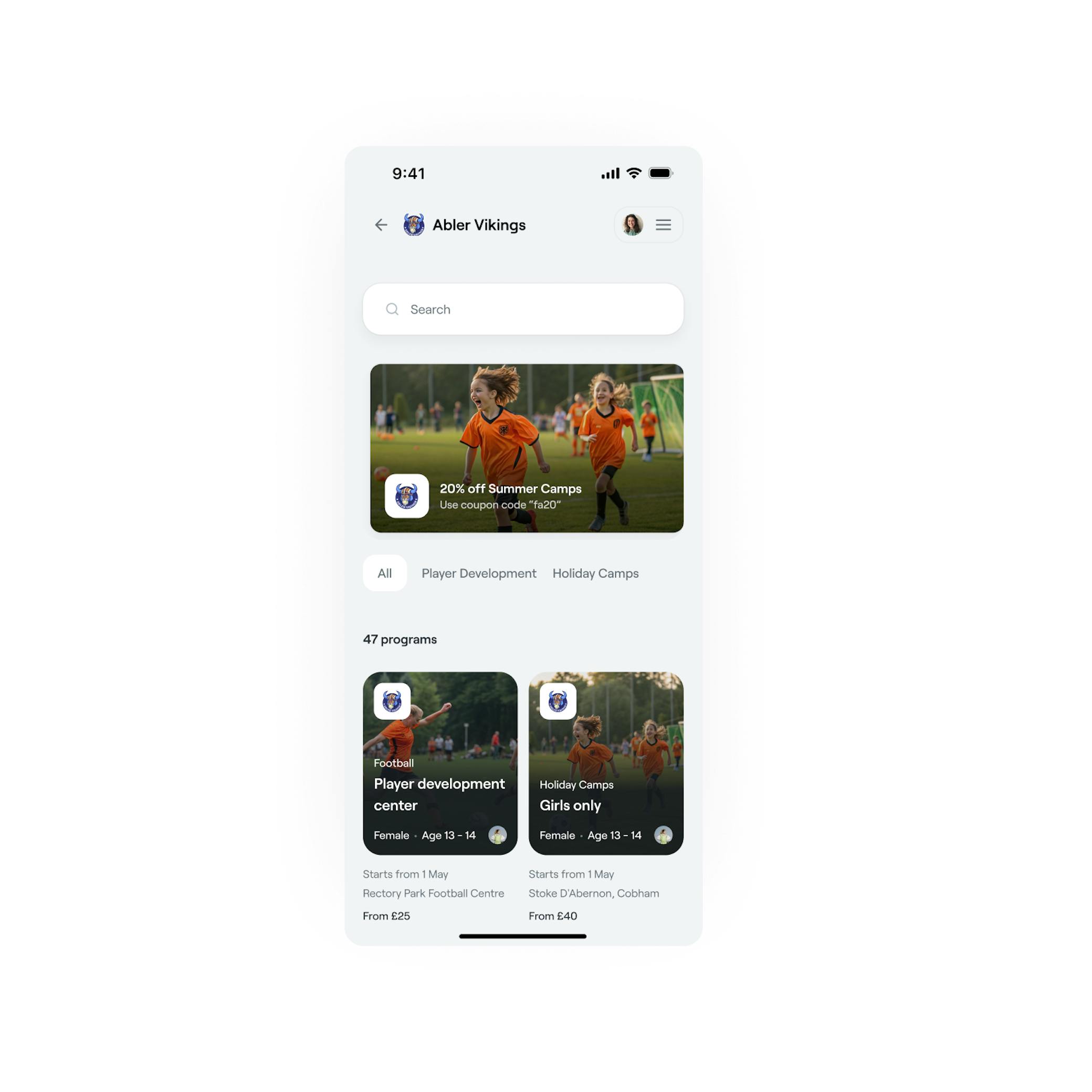 Abler Vikings mobile app showing youth football programs including player development center and holiday camps for ages 13-14 with summer discount promotion