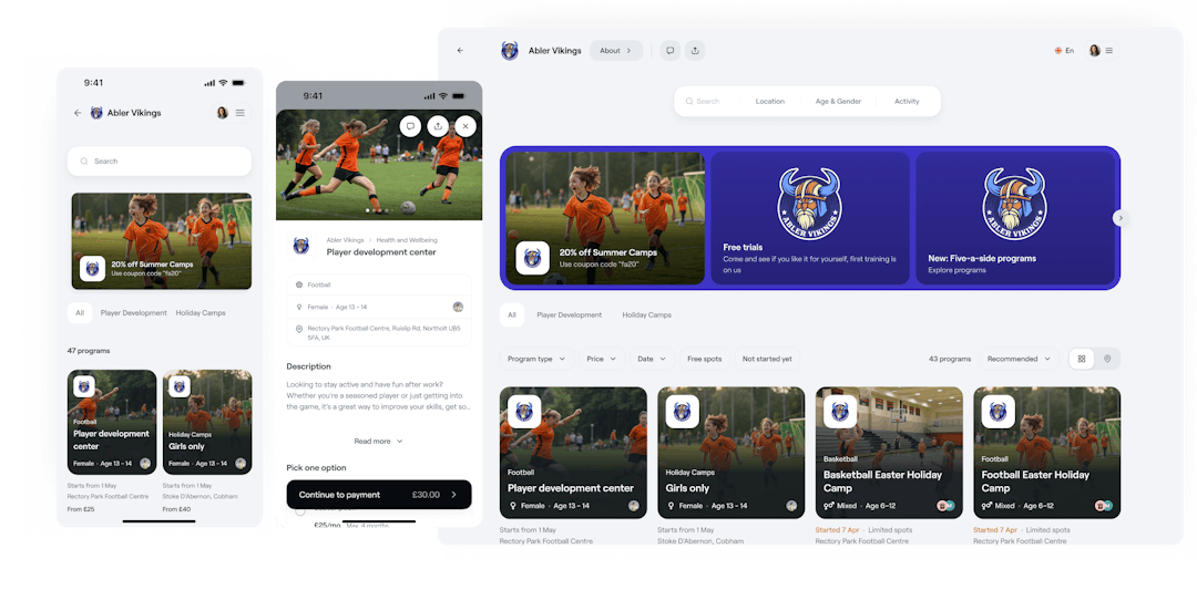 Abler Vikings responsive platform interface showing sports program browsing, booking and club management across mobile and desktop devices