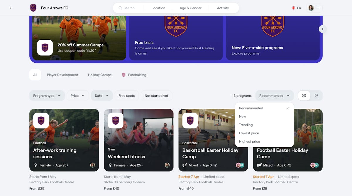 Four Arrows FC program catalog showing after-work training sessions, weekend fitness, and holiday camps with new filtering options in Abler platform
