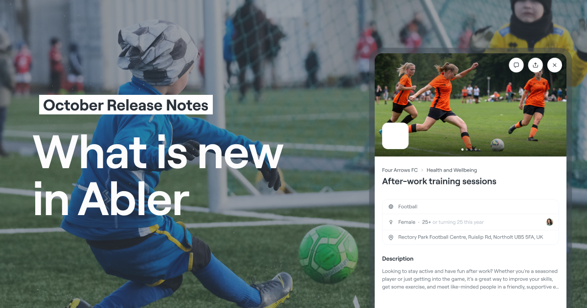 Young football player kicking ball during training session with October Release Notes overlay announcing Abler platform updates