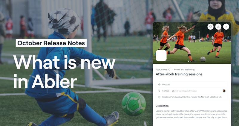 Young football player kicking ball during training session with October Release Notes overlay announcing Abler platform updates
