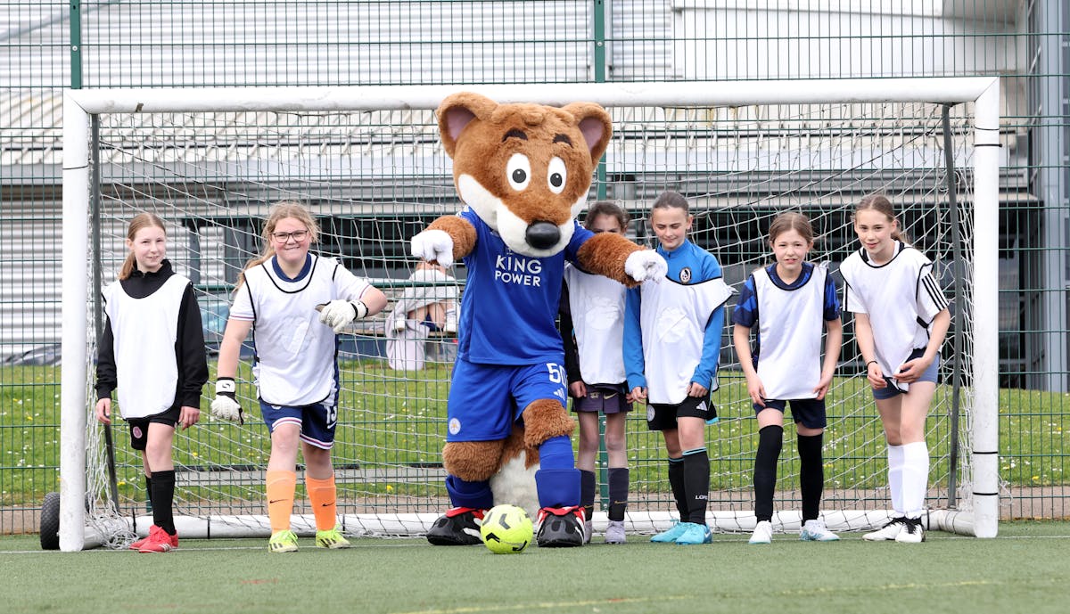Leicester City Community Trust's girls football programme brings young players together with club mascot Filbert Fox at their community training facilities.