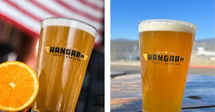 Right: Hangar 24 Betty IPA with blue sky, Left: Hangar 24 Orange Wheat in front of American flag