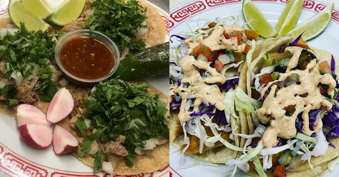 Carnitas street tacos, and fish tacos from Redlands Ranch Market