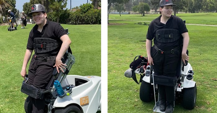 Partick trying out a paramobile chair and golfing
