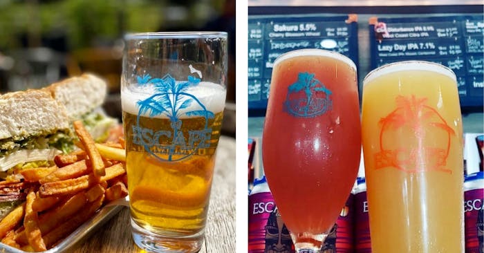 (left) The Dude sandwich and Cream Ale called Boardwalk Surfer, (far right) Big Haze Energy IPA, (inside right) Cheeky Tiki sour