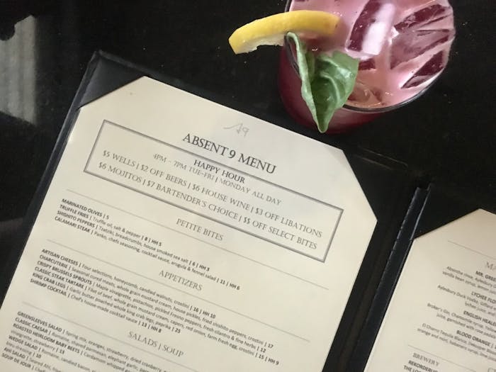 Absent 9 Menu with cocktail 