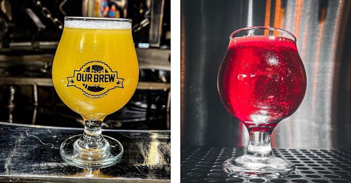 Left: Our Brew pint of Hidden Hazy IPA, Right: Our Brew pint of Glitter Hard Seltzer