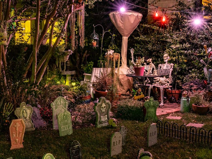 Olive Ave. home decorated with skeletons and gravestones.