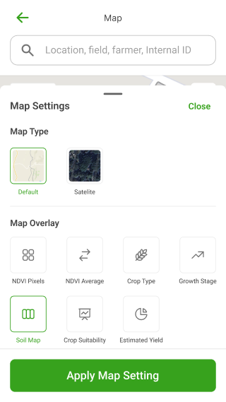 Agritech agent app map settings screen