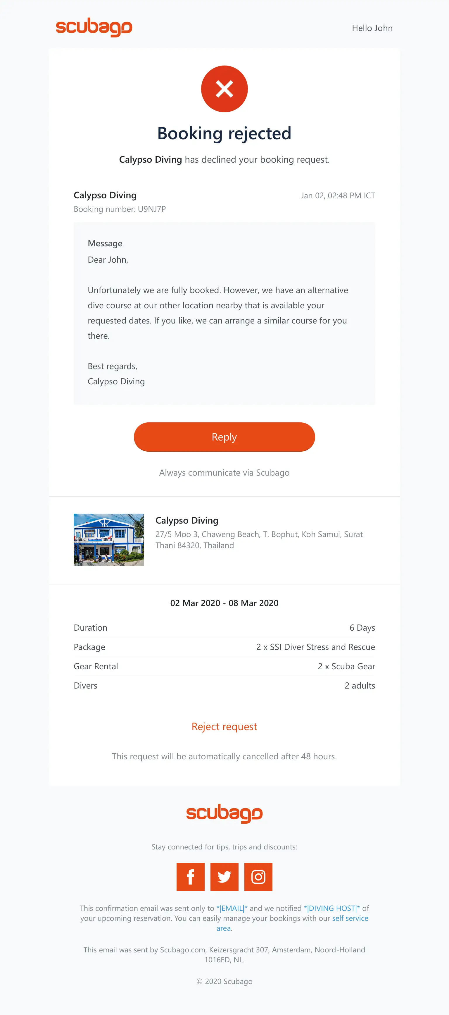 To provide easy communication - booking rejected