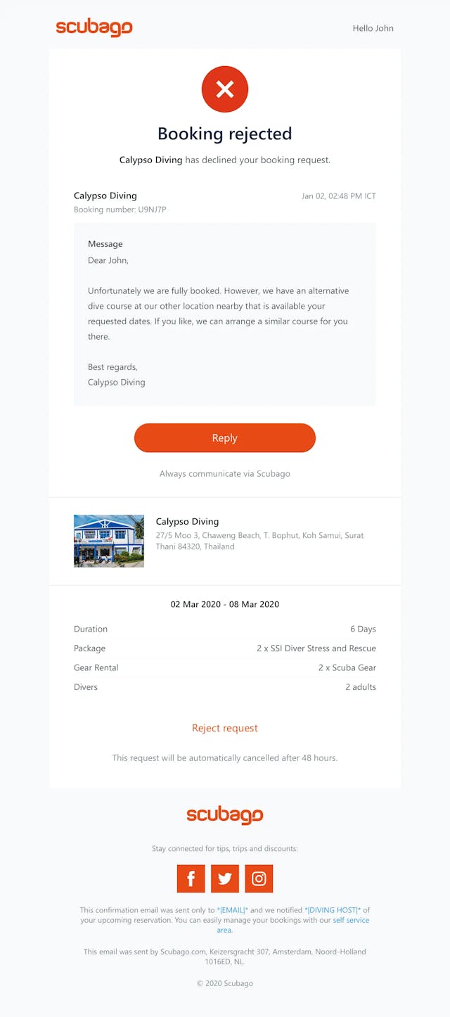 To provide easy communication - booking rejected