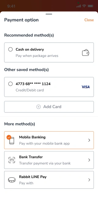 Designing order payment options shopping cart for a mobile e-commerce app