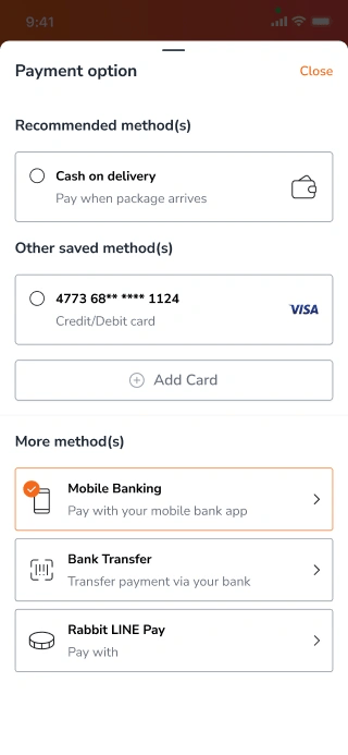 Designing order payment options shopping cart for a mobile e-commerce app