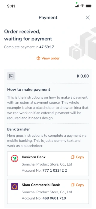 Designing order received waiting for payment shopping cart for a mobile e-commerce app