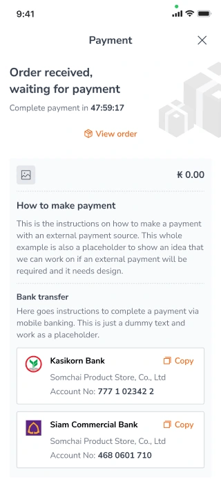 Designing order received waiting for payment shopping cart for a mobile e-commerce app