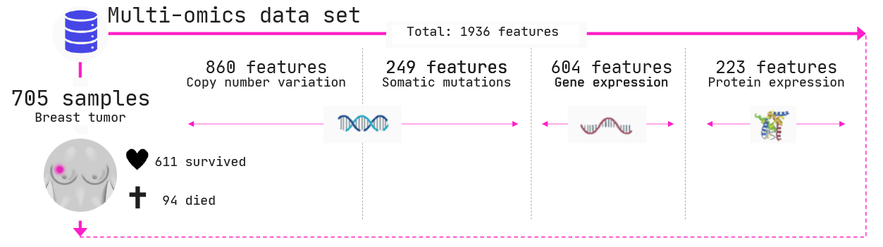 In total we have 1936 features (columns in the data) across 4 omics types.