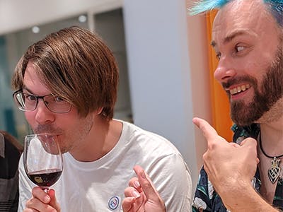 Chris and Kevin at a gathering dinner.