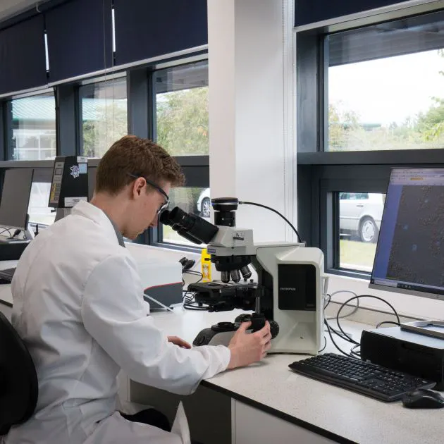 A scientist in a lab is wearing a white lab coat looking into a microscope.