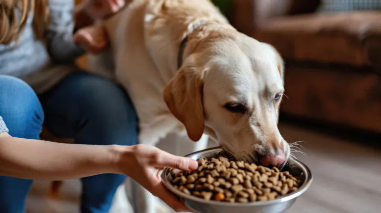 yellow lab eating kibble from a bowl that owner is holding