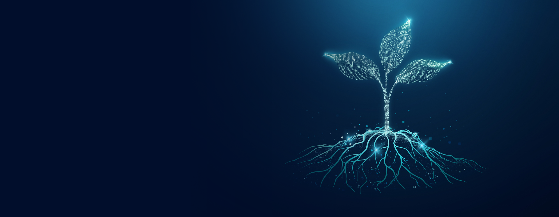 Una planta brillante con tres hojas formadas por puntos azules y turquesas sobre un fondo azul oscuro.