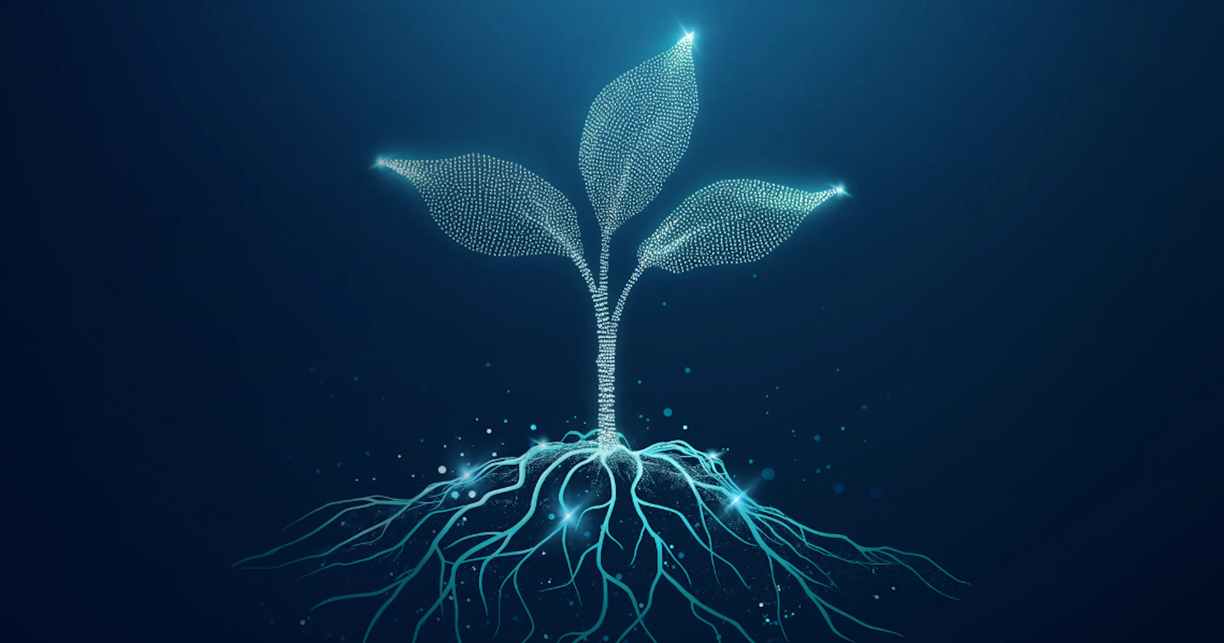 Una planta brillante con tres hojas formadas por puntos azules y turquesas sobre un fondo azul oscuro.