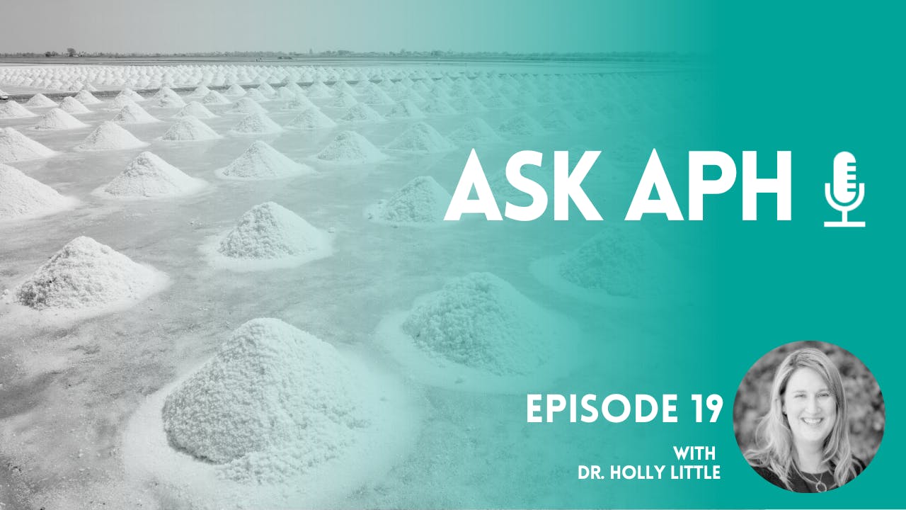 Ask APH Episode 19 with Dr. Holly Little including a photo of Dr. Little and with a background image of piles of salt.