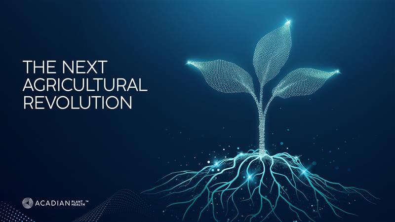 Digital image of a plant constructed by small dots which is glowing, next to text that reads 'The Next Agricultural Revolution'.