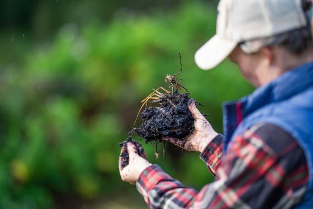 A person wearing a vest and baseball hat holds dark soil in their hands, inspecting it.