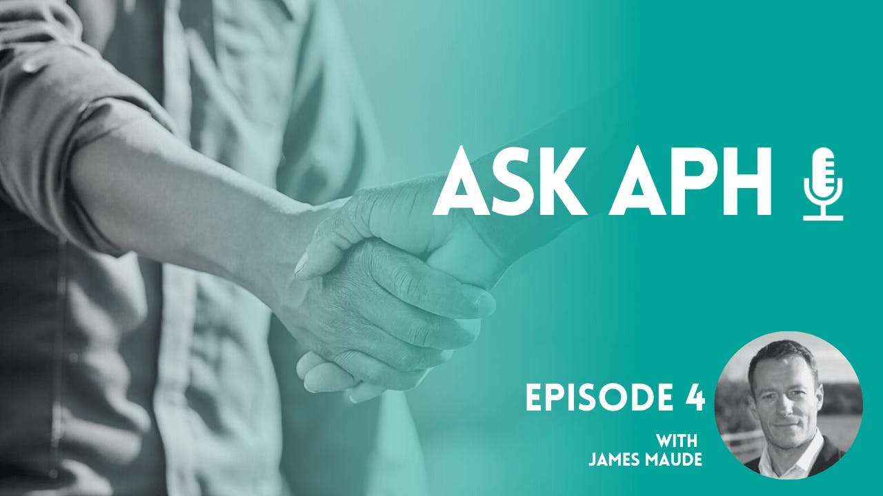 Two people shaking hands, with text overlayed promoting the latest episode of Ask APH.