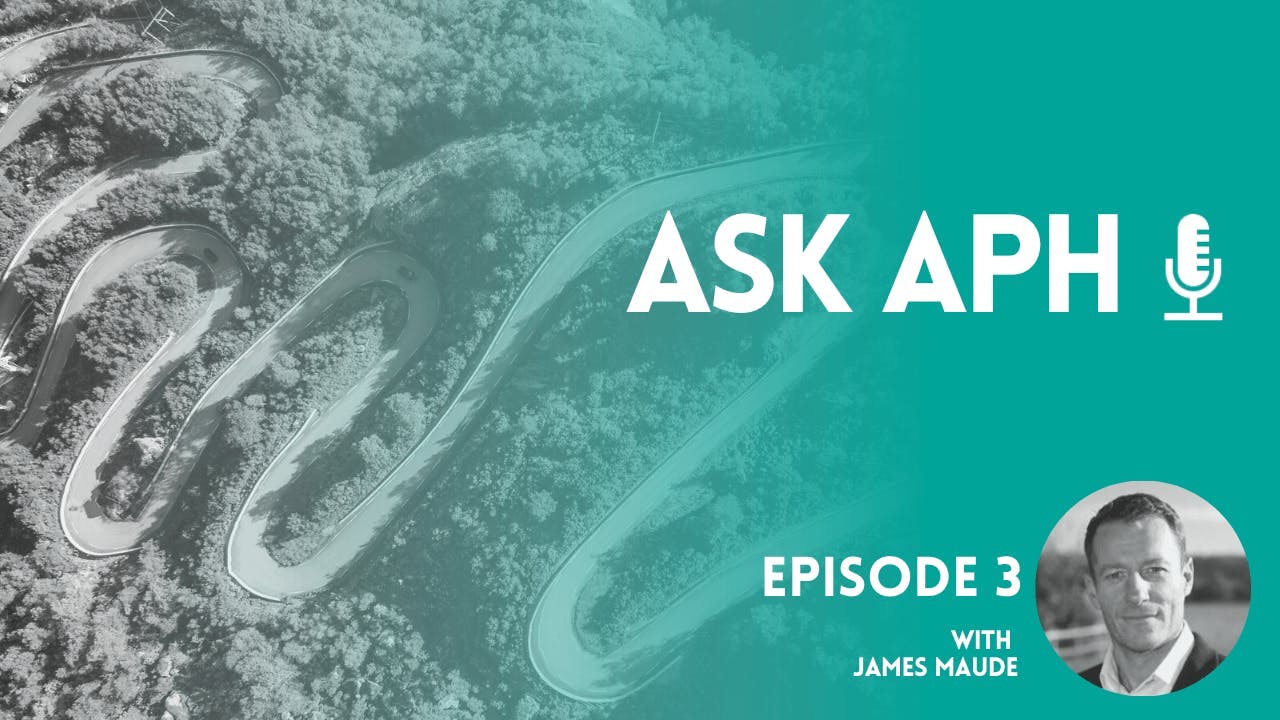 An aerial image of a winding road going up a forested hillside, with text overlayed promoting the latest episode of Ask APH.