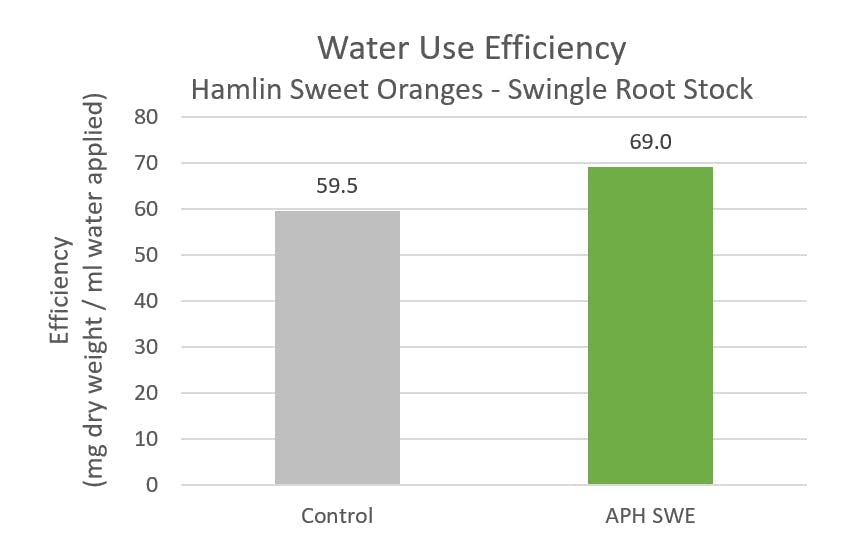 A bar chart shows a water efficiency control on the left at 59.5 mg of dry weight per ml of water applied, and the APH SWE on the right reports 69.