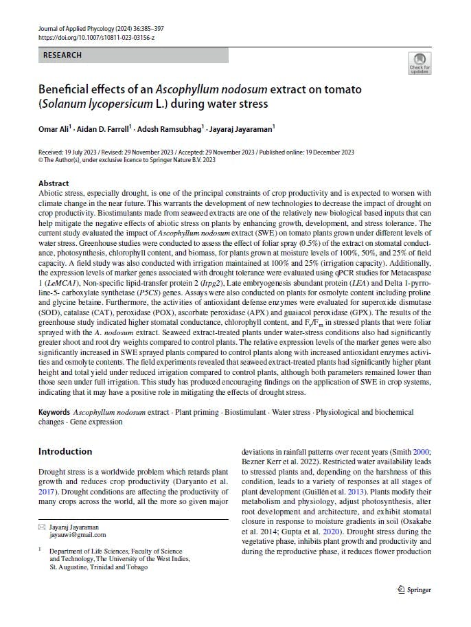 A screen grab of the abstract for this article on the effect of Ascophyllum Extract application on tomato yield during water stress.