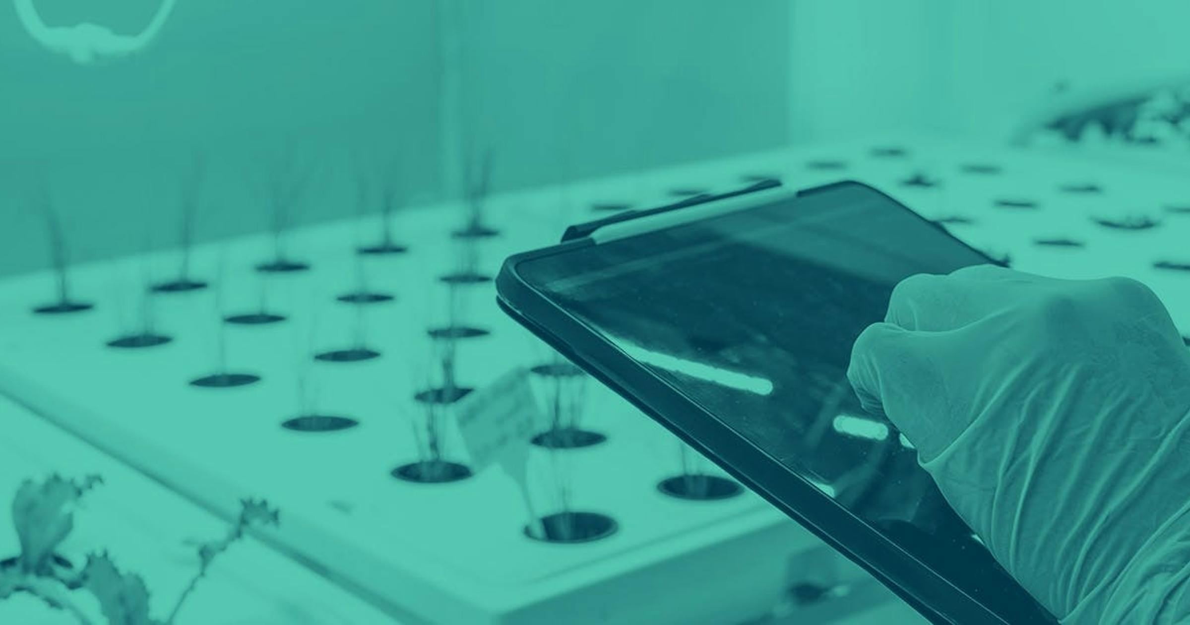 A scientist works on enhancing plants’ resiliency to environmental stressors and overall health in a lab. Plants are shown sprouting up in a test environment, with a scientist reviewing a tablet in the foreground.
