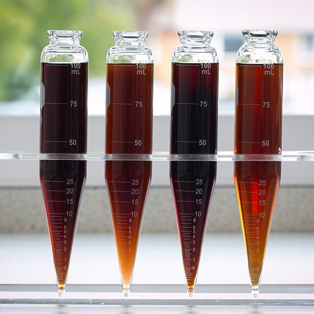 Four beakers of water are shown lined up in a plastic tray. Each beaker is a different shade of brown and has soil mixed in, making it appear murky.