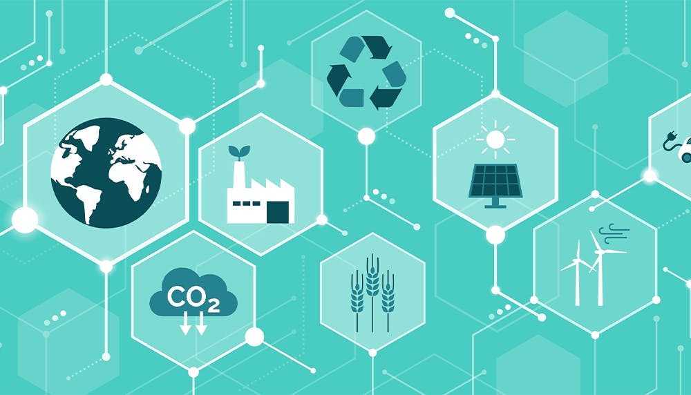 A grid of icons on a blue background. The icons are the earth, a cloud, and various energy efficient icons.