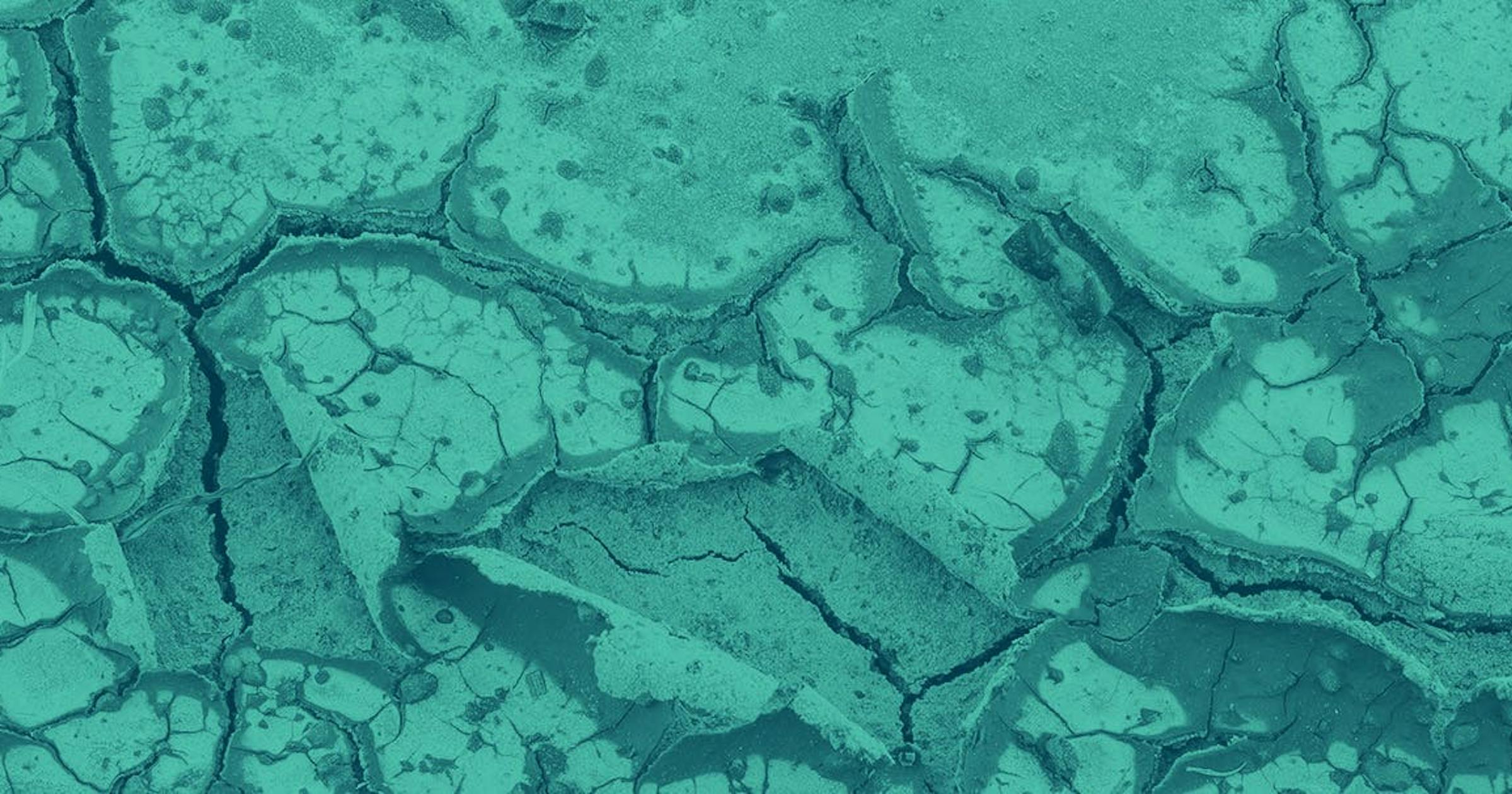 A dirt ground is shown that has been affected by extreme drought. The earth is cracked and dry.