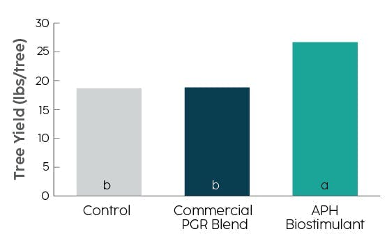 Tree yield is measured in a bar chart, comparing control to a commercial PGR blend and the APH Biostimulant. APH's bar has the highest tree yield for lbs per tree.