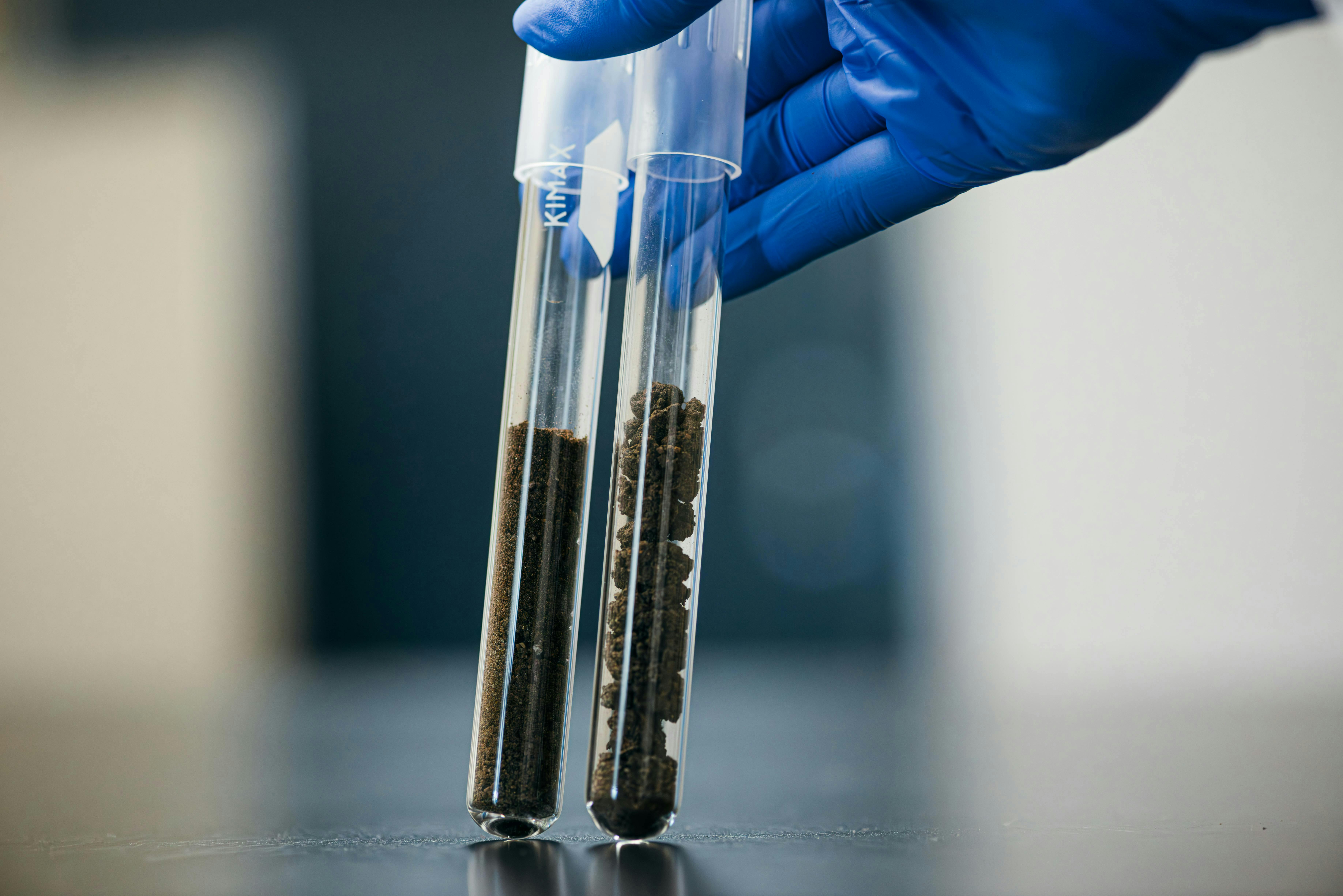Researcher wearing blue glove holding two vials filled with soil.