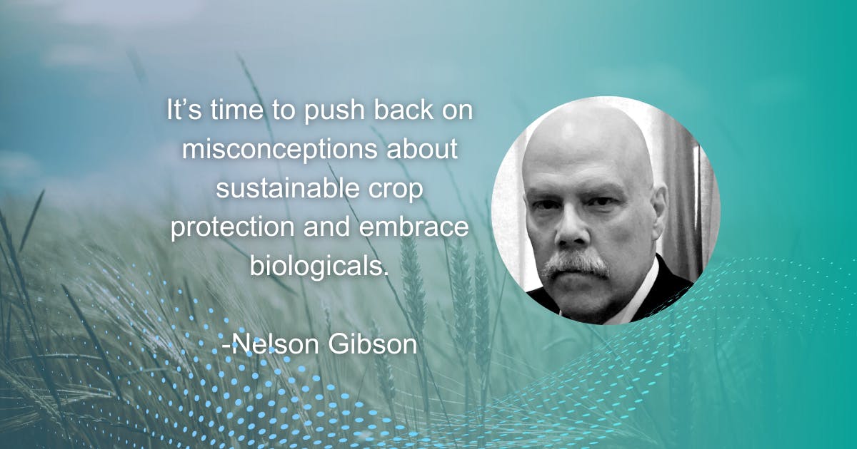 A background image of a wheat field with white text of a quote from Nelson Gibson on the left. On the right is a circular image which features a photo of Nelson Gibson.