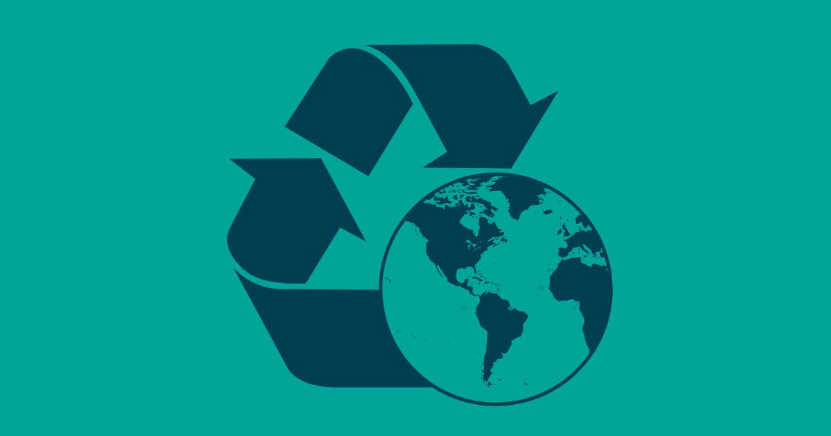 A teal green recycling symbol with the earth in its design sits beside the words "Reduce food waste" over a lighter teal background