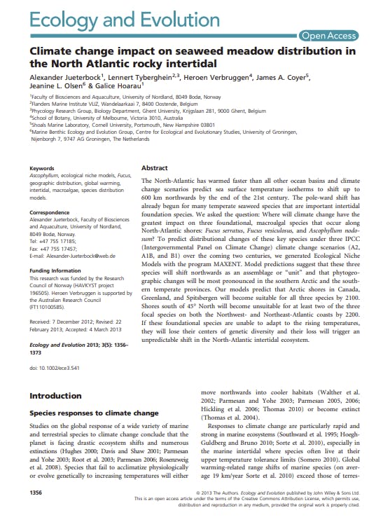 Screen grab of the first page of the publication called Climate change impact on seaweed meadow distribution in the North Atlantic rocky intertidal 