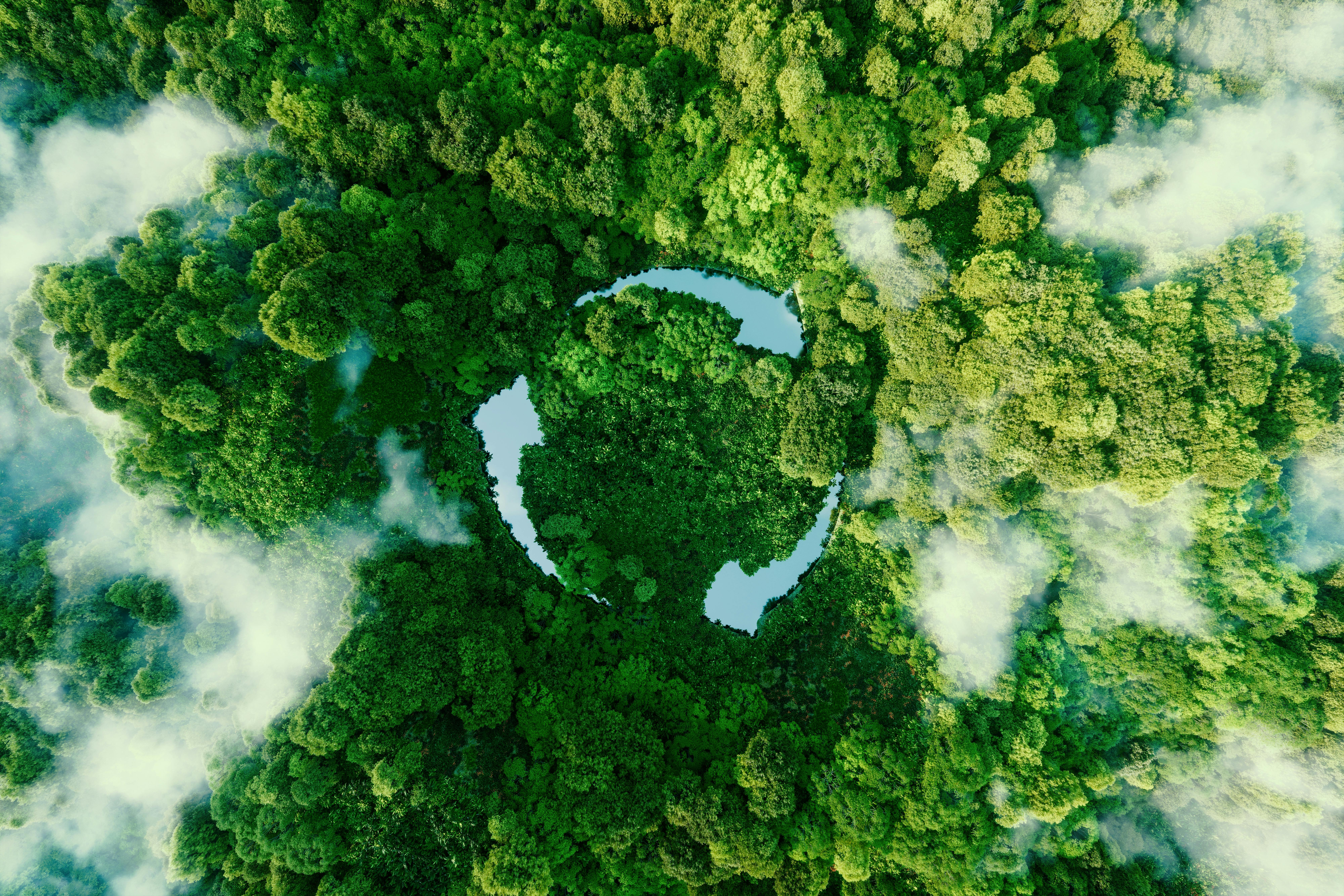 Aerial view of a lush green forest with a circular recycling symbol formed by clearings and water, surrounded by mist and clouds.