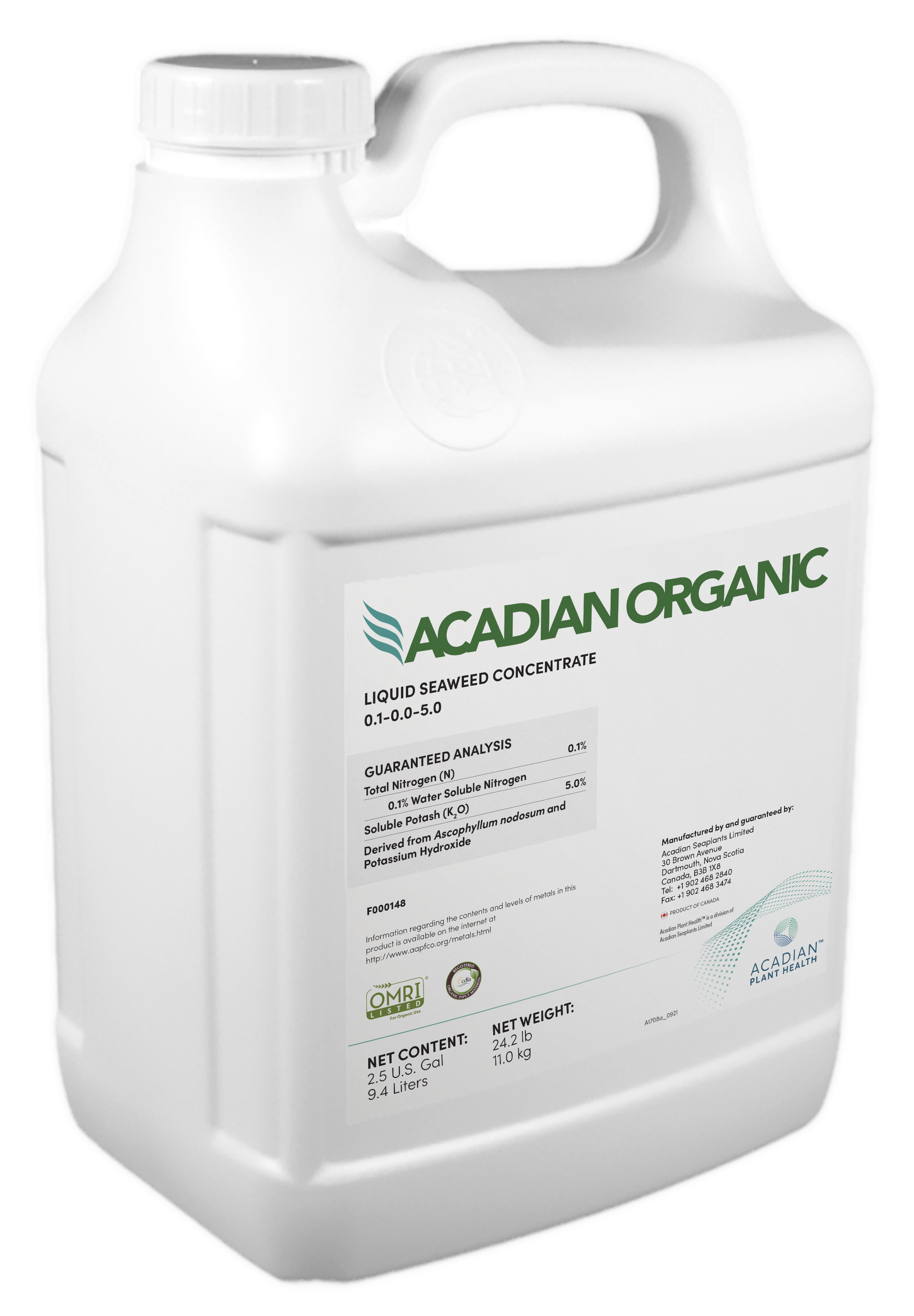 A white jug of Acadian Organic product.