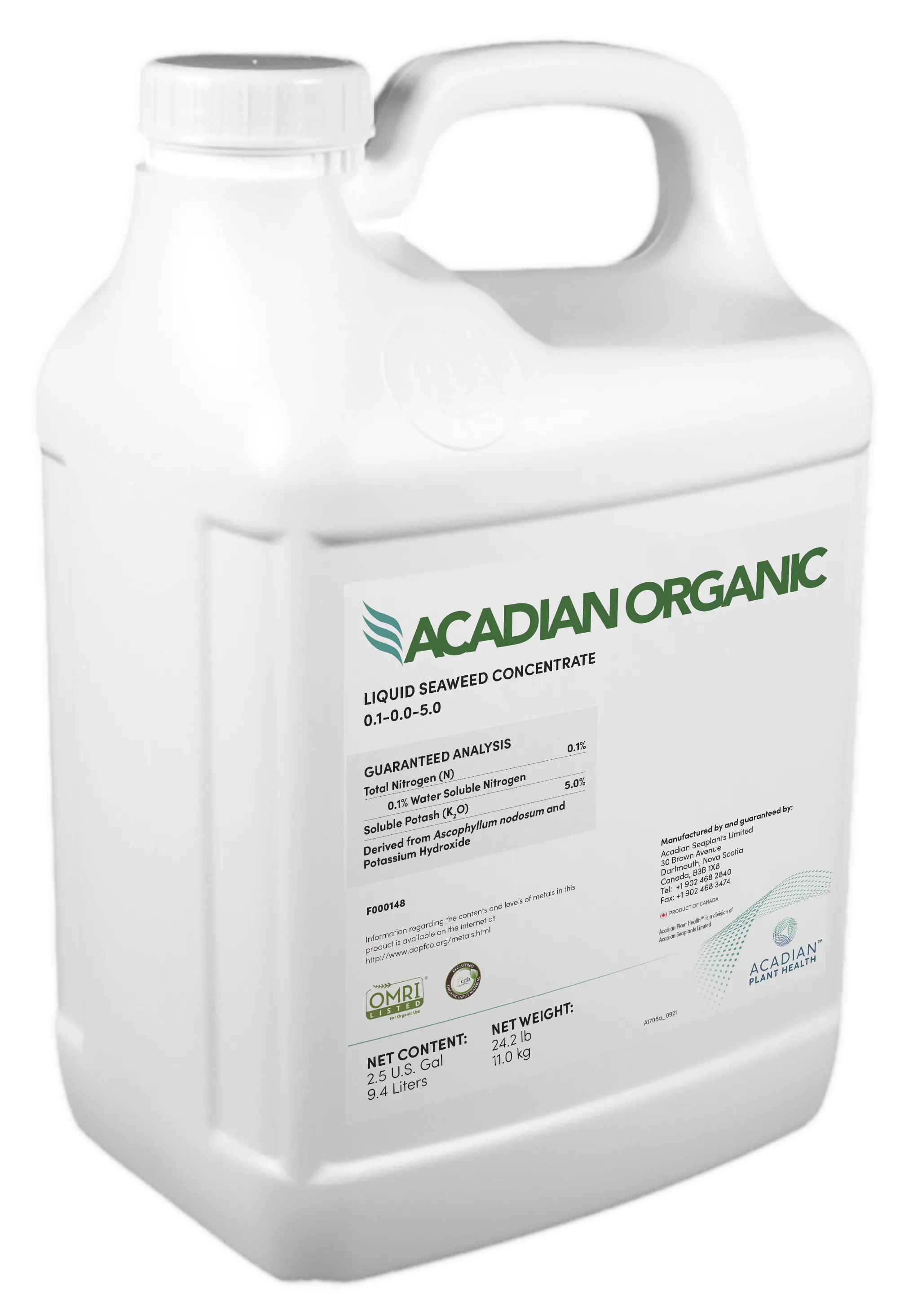 A white jug of Acadian Organic product.
