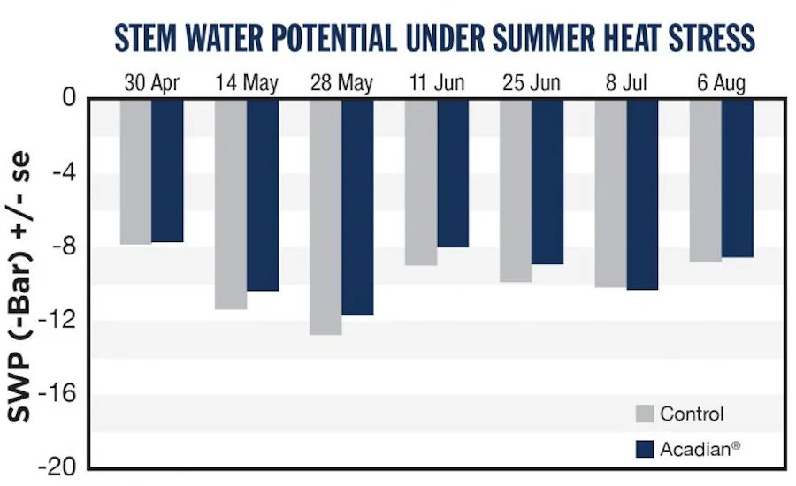 A bar chart showing results for almond stem water potential under summer heat stress.