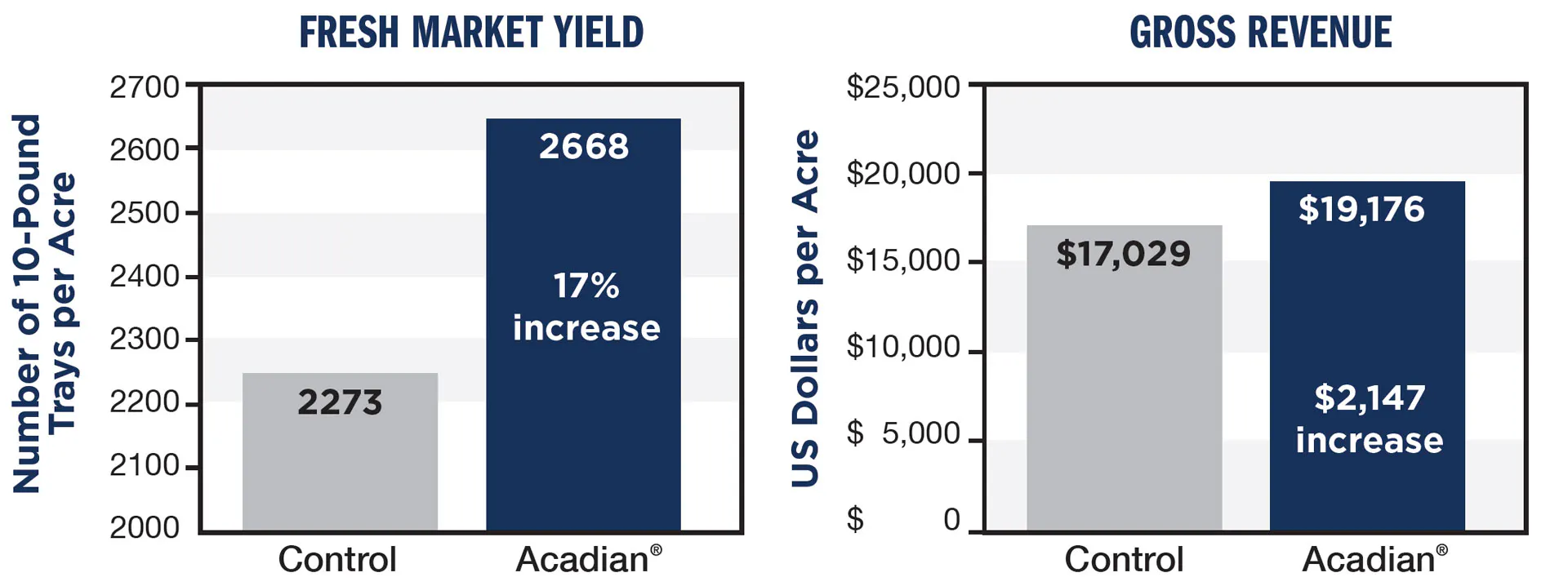 Two bar charts side by side showing the fresh market yield and gross revenue of strawberries.