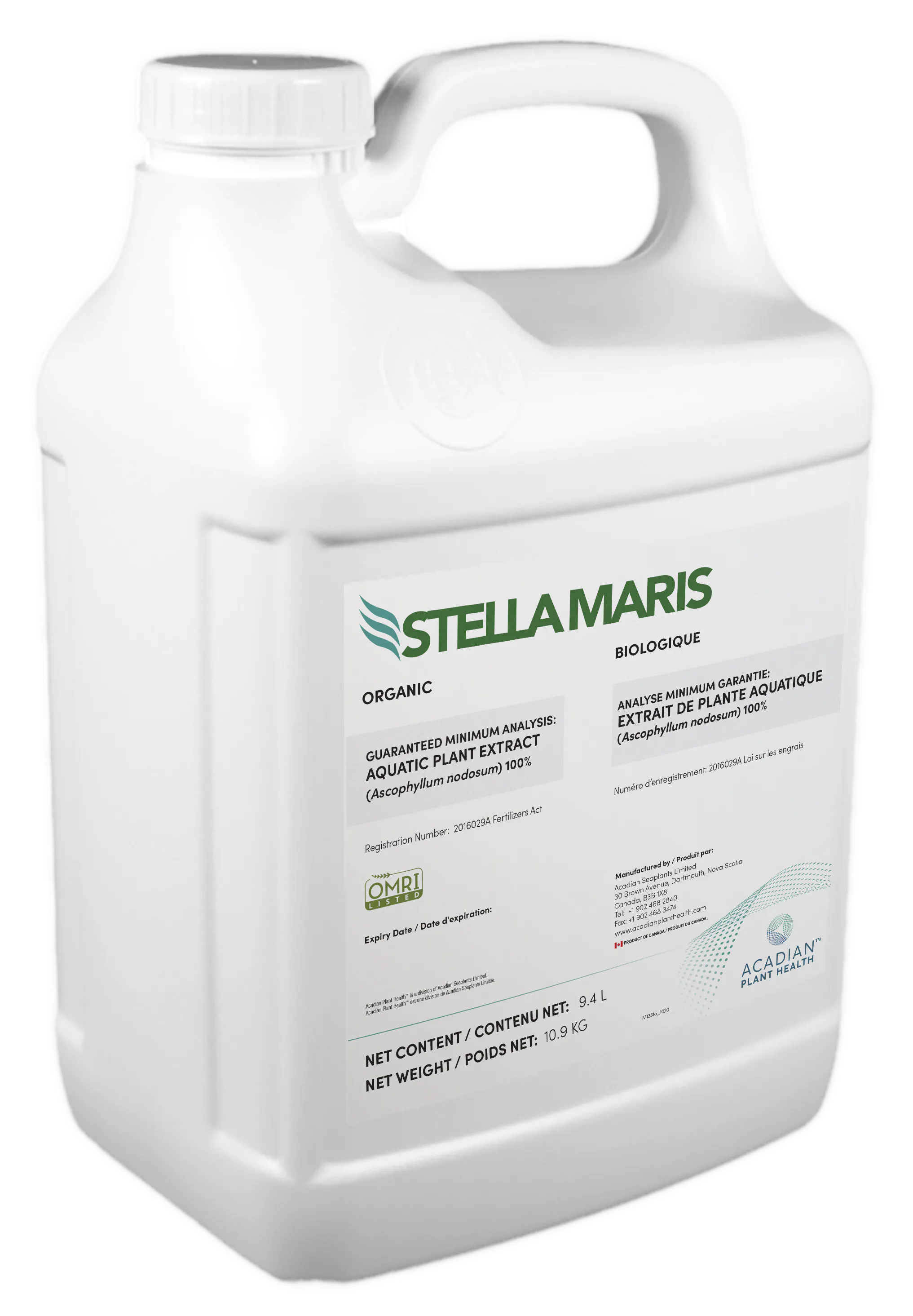 A large white jug of the liquid product Stella Maris Organic.